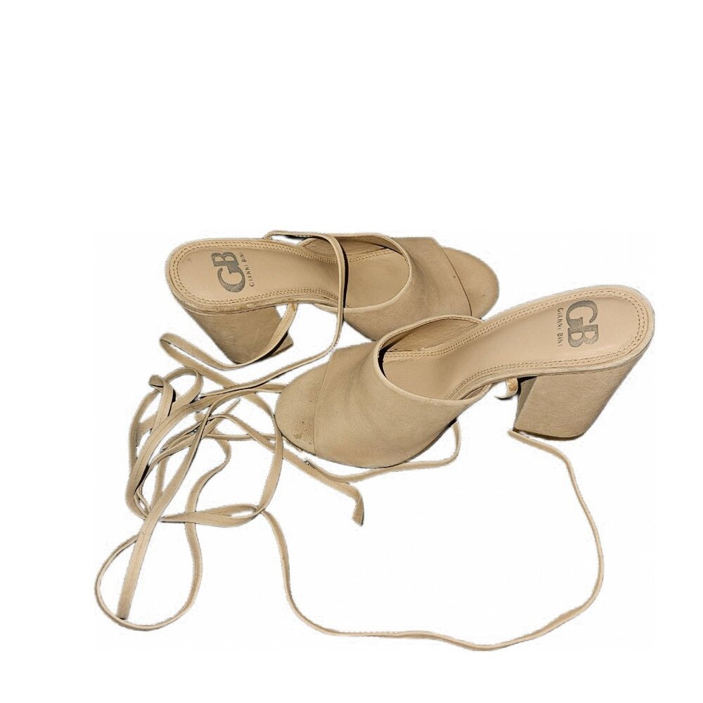 Gianni Bini Kat-Kall Ankle Wrap Block Heel Mules in Spanish Sand Suede